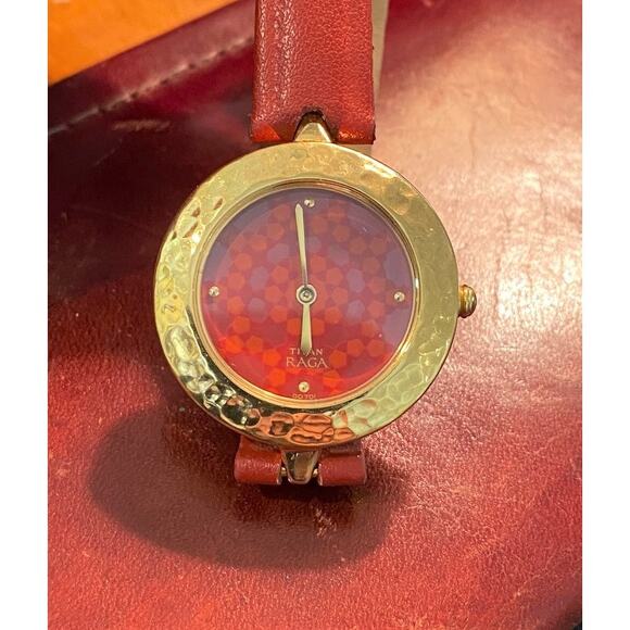 Women's 30mm Gold Tone Titan Raga Watch, Red Leather Band, 2529YAA - Picture 3 of 4